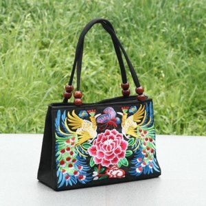 Embroidered Handbag Bright Multi Color Floral bag zippered compartments